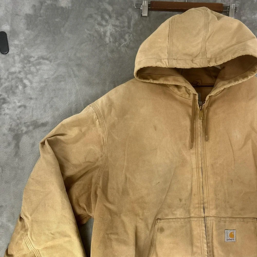 Vintage Carhartt Jacket Mens 2XL Beige Canvas Hooded Full Zip Workwear USA